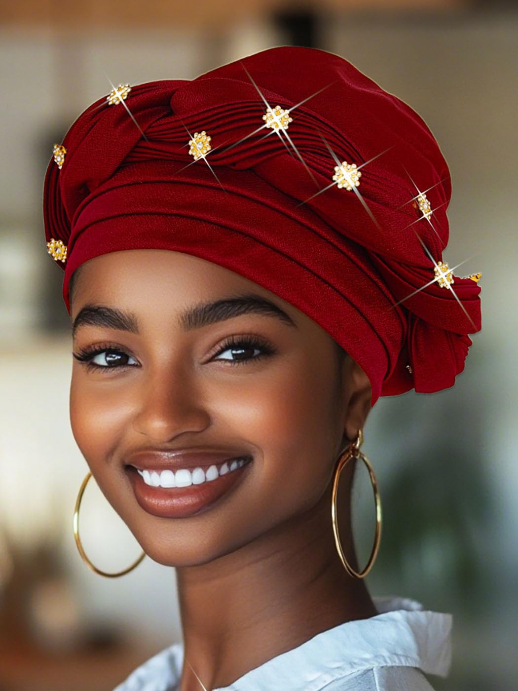 Woeoe Women African Turban Pre-Tied Twisted Beanie Cap Headwear Rhinestone Soft Stretchy Head Turbans - Image 6