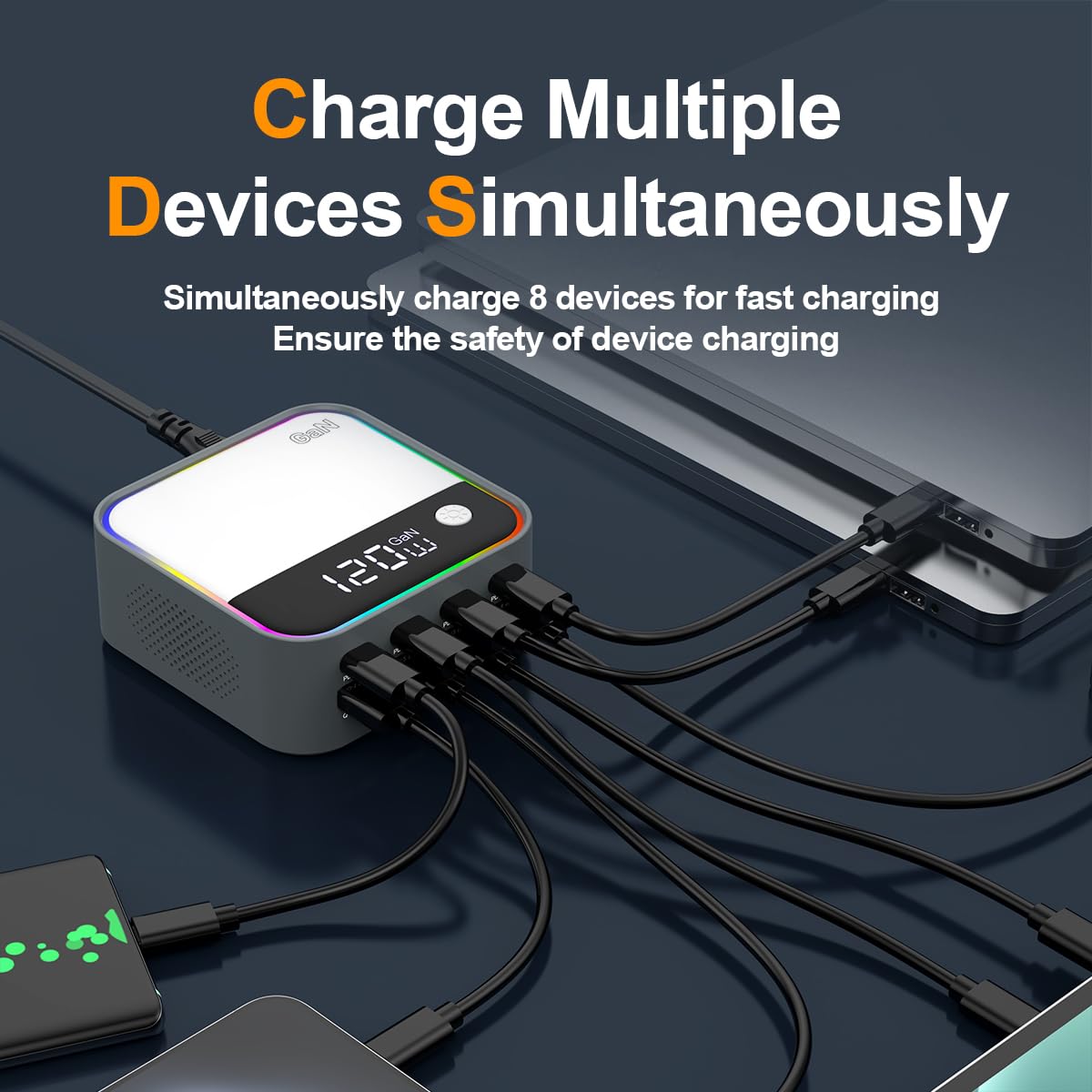 120W Chargeur rapide, station de charge USB C GaN à 8 ports avec port de charge rapide PD3.0 et QC3.0 de 100W et affichage numérique intelligent