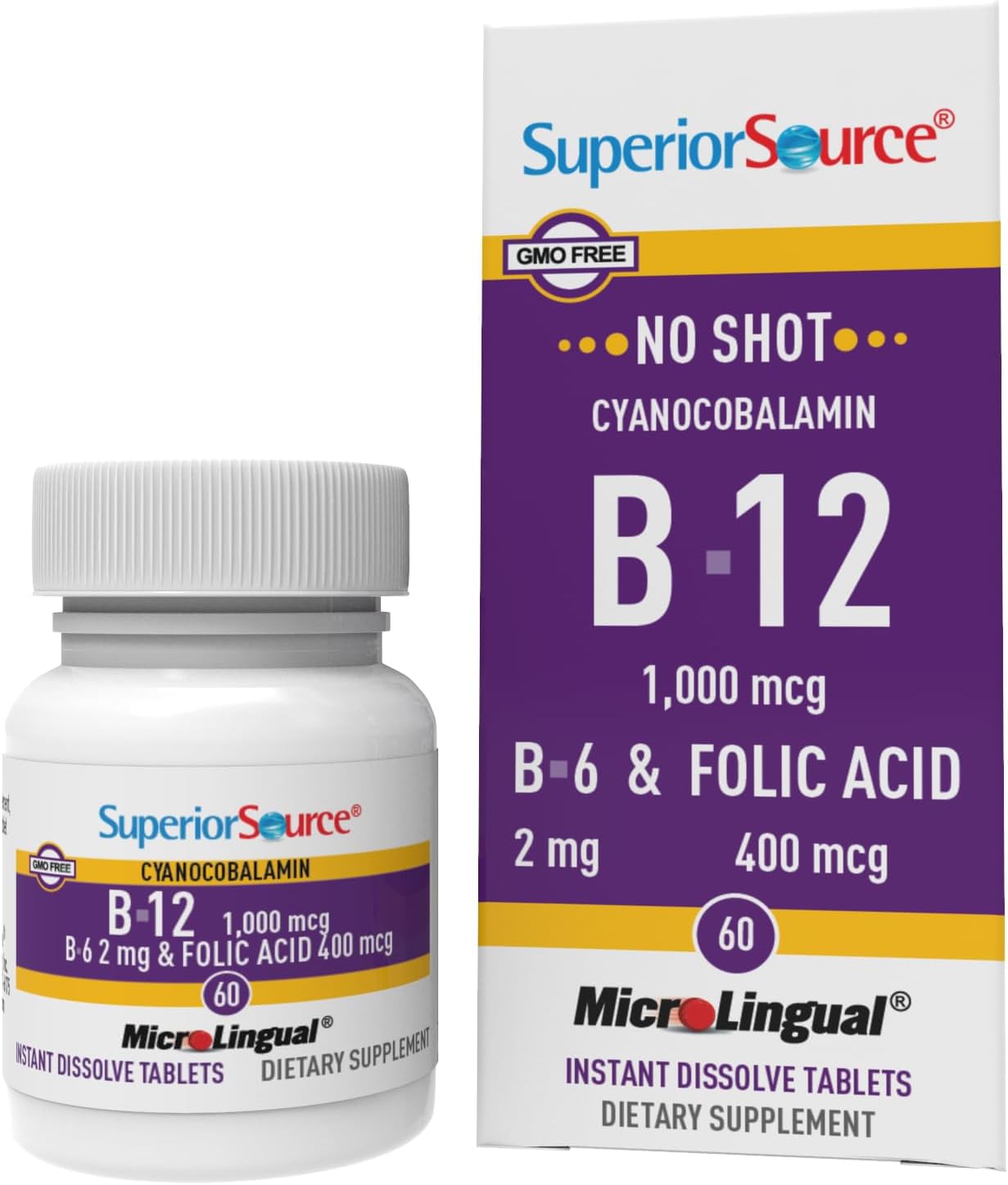 Superior SourceNo Shot Vitamin B-12 Cyanocobalamin 1000 mcg, B-6, Folic Acid 400 mcg - Support Brain & Heart Health - Aids Natural Energy Levels - 60 Sublingual Dissolving Tablets