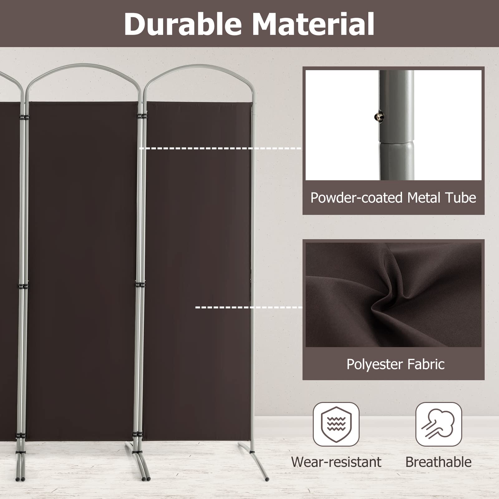 GOPLUS Paravent Pliable à 4 Panneaux, Brise Vue Intérieure et Extérieure avec Support en Métal,Paravent de Chambre Retractable 221 x 188 CM, pour Salon, Chambre, Bureau (Marron)