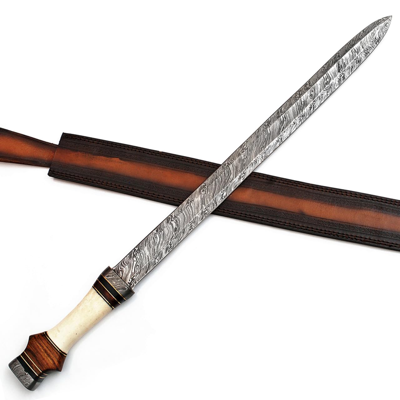Armory Replicas™ Roman Infantry Army Spatha Damascus Steel Sword – Handcrafted Firestorm Pattern Blade, 30.5 Inch Authentic Replica with Bone & Olive Wood Handle