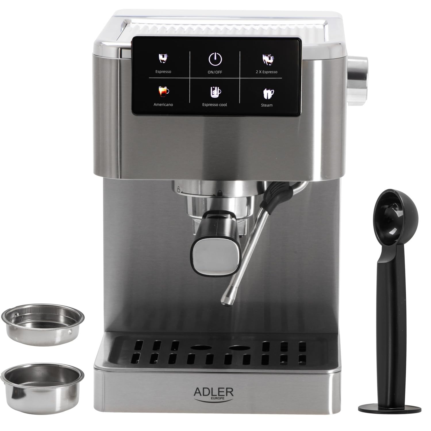 ADLER EUROPE Ekspres do kawy ciśnieniowy, automatyczny ekspres do kawy kolbowy 5w1, 20 bar, 1350W, espresso, podwójne espresso, americano, dotykowy panel sterowania LCD, dysza do spieniania mleka