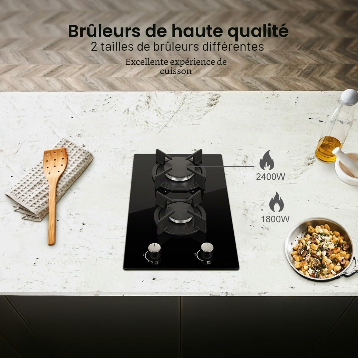 SNDOAS Plaque Gaz 2 Feux, Plaque de Cuisson avec Panneau en Verre Trempé, Sécurité Thermocouple, Convient pour le Gaz Naturel/Propane, 30 cm, 2400 W/1800 W, 220-240 V