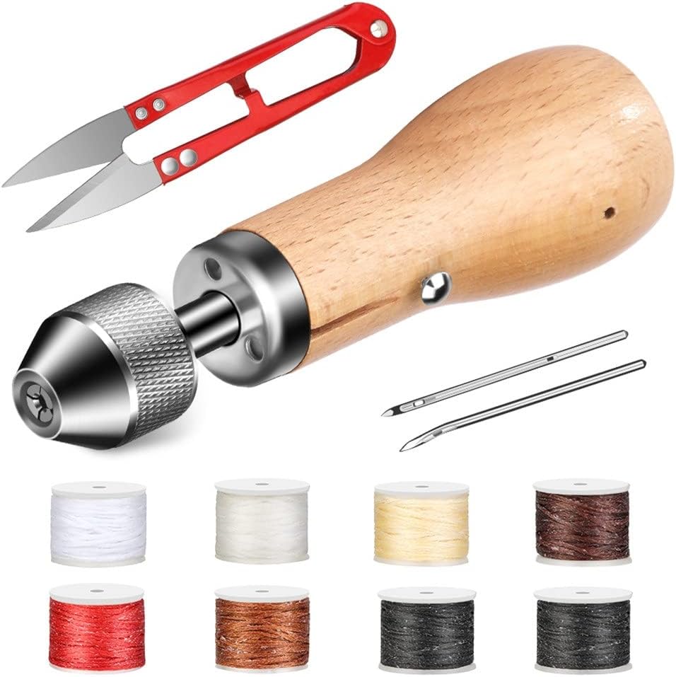 HIONJIN Leather Sewing Awl Kit Lock Stitching Hand Stitche Tool with Replacement Spools for Leather Punch Awl Hand Repair Tools