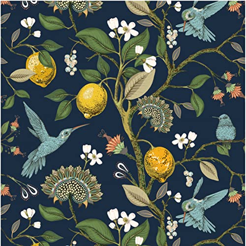 Blooming Wall Blue Bird Fresh Lemon Tree Peel And Stick Wallpaper Removable Self Adhesive Wall Mural Wall Decor, 14.5 Square Ft/Roll (17.7“X118”, Dark Background) #TOP26