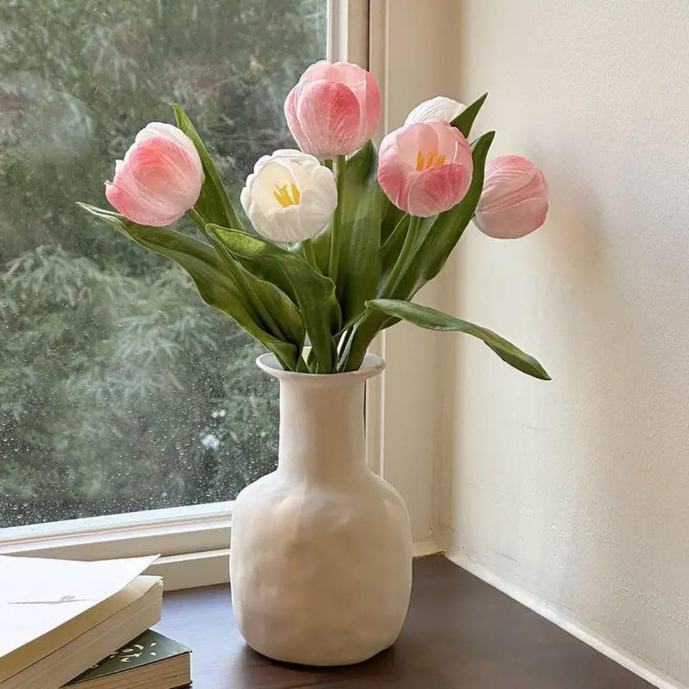 LIJUCAI 5pcs Artificial Tulip Flower Stems Real Touch Faux Tulips Pink and White Floral Stems with Leaves for Vase Arrangement Home Table Centerpiece Wedding Decor,C1