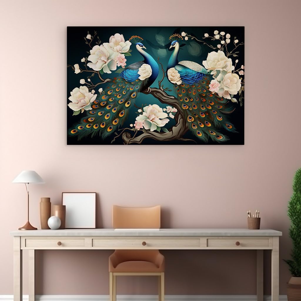 Canvas for Living room. Peacock Elegance Amidst Nocturnal Blooms A Serene Mural Masterpiece, 27 x 18 inch Canvas Wall Art - Contemporary Masterpieces - Modern Home Decor - 69x46 cm (27x18 inch)