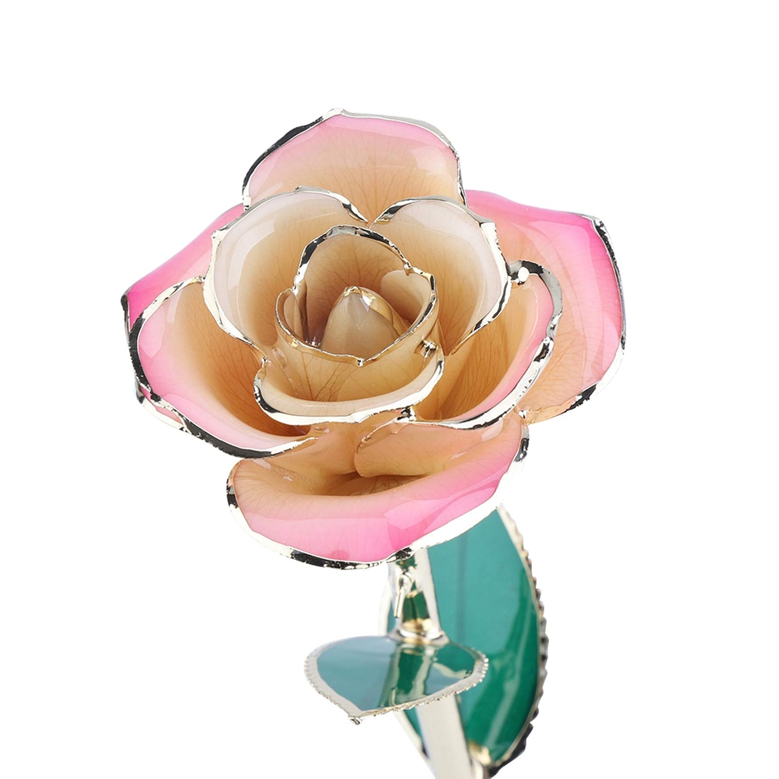 Rosa Eterna Placcata Oro 24K, Rosa Bianca e Rosa con Foglie Verdi e Base Regalo, Decorazione per San, Festa della Mamma, Matrimonio, Compleanno