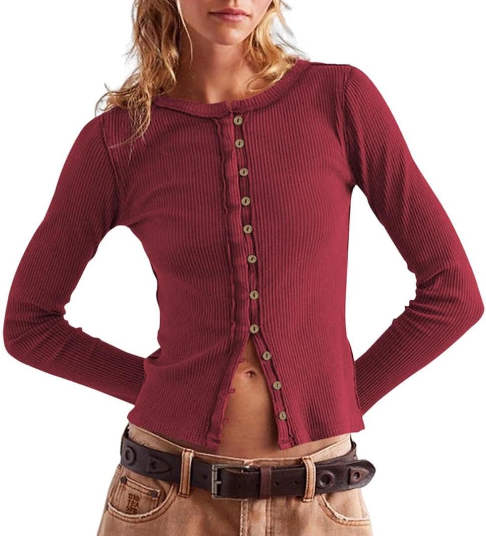 FMCHICO Women’s Long Sleeve T Shirts Button Down Slim Fit Tops Scoop Neck Ribbed Knit Shirts