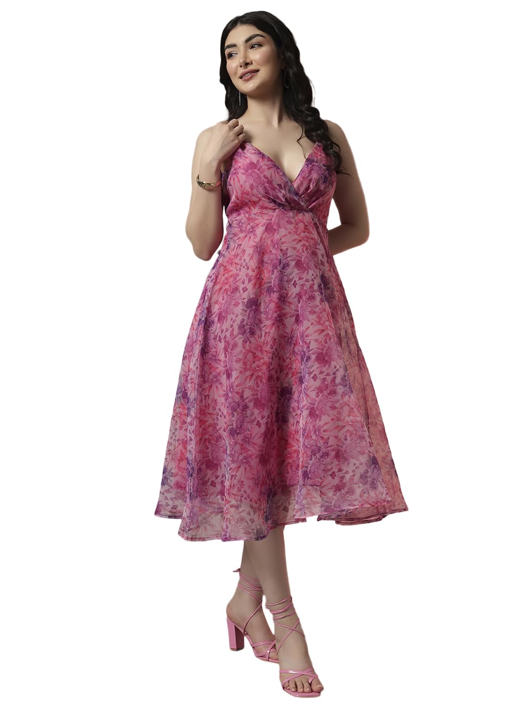 trend arrest.ed Women’s Floral Fit & Flare Midi Dress | V-Neck Organza Dress with Lining | Lightweight Spaghetti Strap Style for Brunch, Travel & Day Events-picture-17
