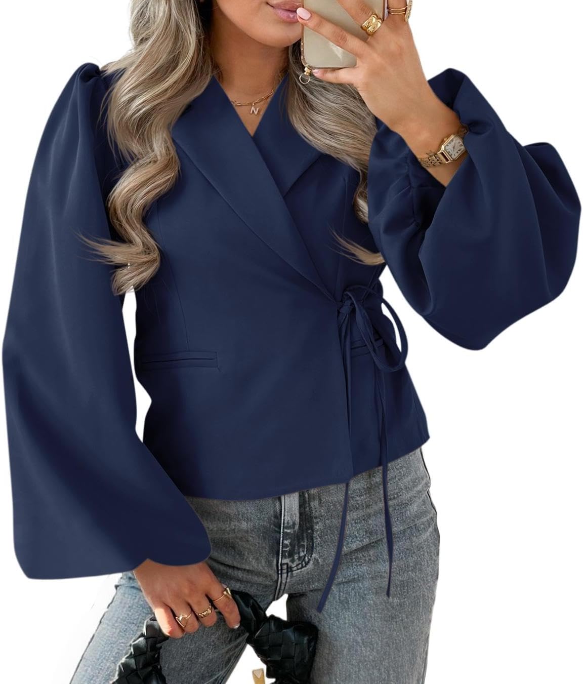 Cicy Bell Womens Puff Long Sleeve Blazers V Neck Wrap Cropped Trench Coat Work Office Dressy Casual Suit Jackets