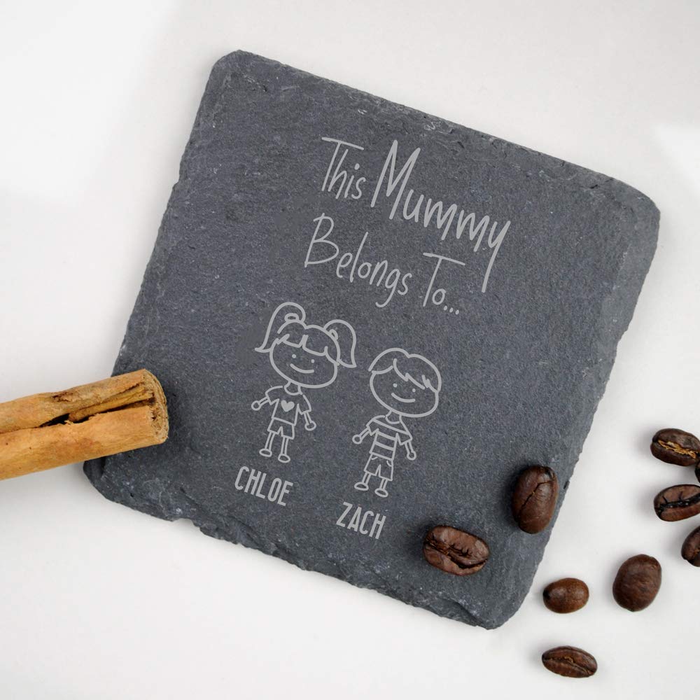 Ebuygb Grey Personalised Square Slate Coaster, This Mummy Belongs To Coaster, Mum Birthday Gift, Present For Mummy, Engraved Drinks Coaster