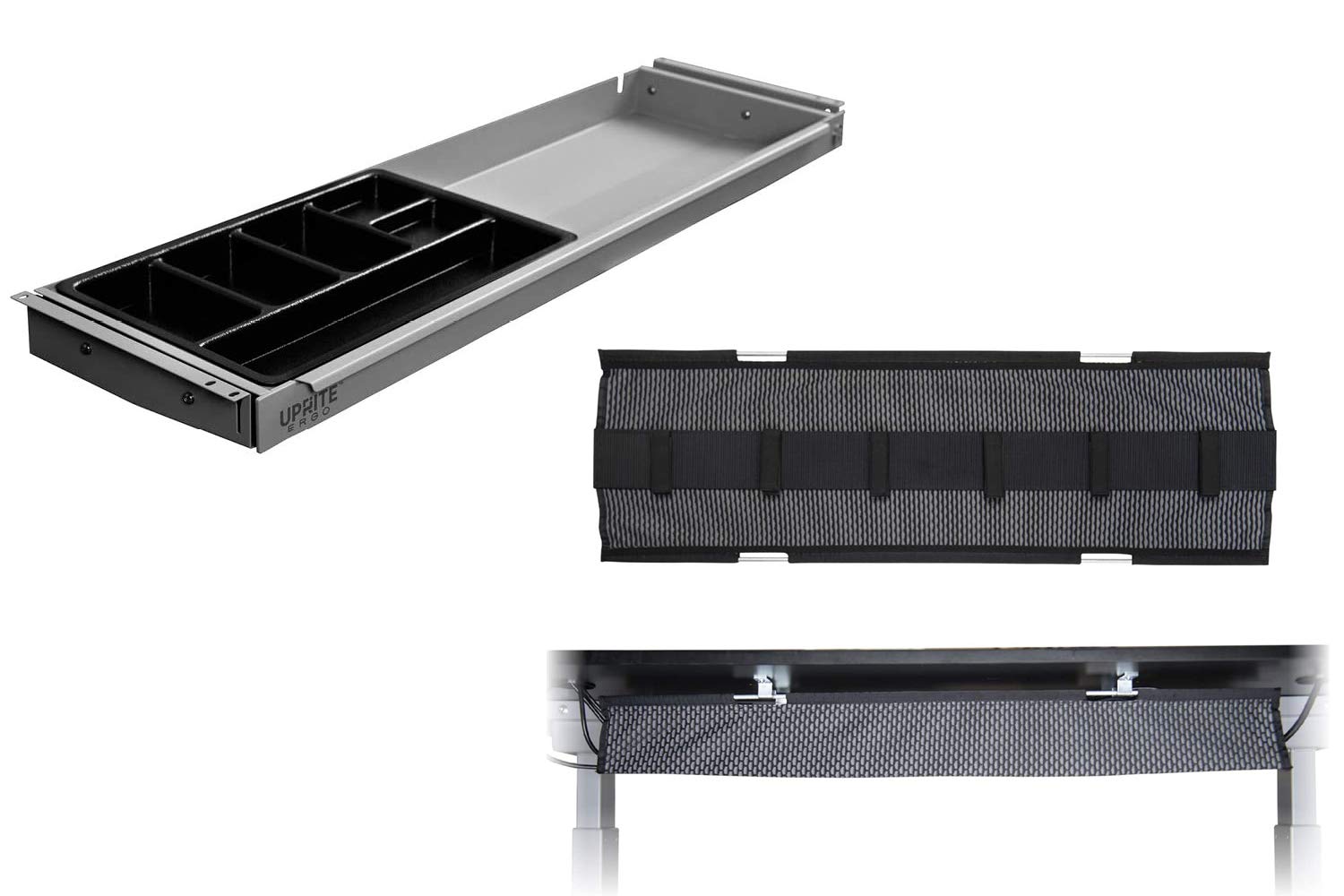 Uprite ErgoUnder Desk Pen Drawer and Mesh Cable Manager, Long Fit Pen & Pencil Drawer & Ergonomic Cord Organizer for Height Adjustable Desks - Gray, 33 x 9.5 Inches