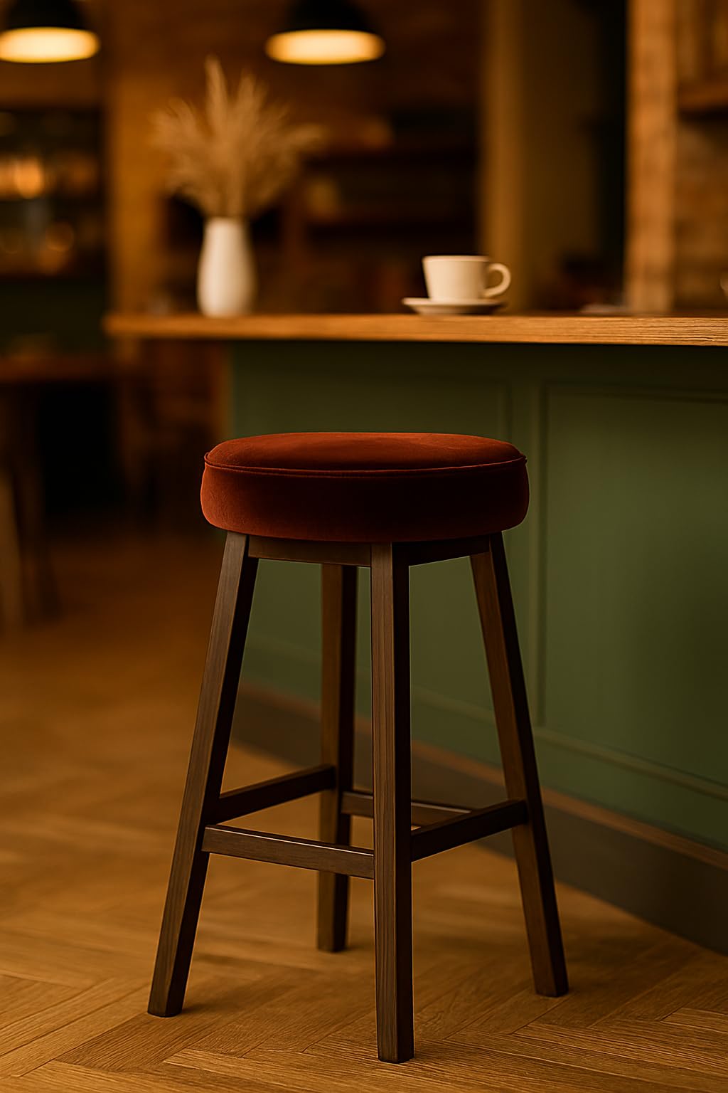 Solid Wood Bar Stool with Cushioned Velvet Seat | Premium Round Counter Height Stool for Kitchen Island, Home Bar, and Cafeteria Color Brown-image-24