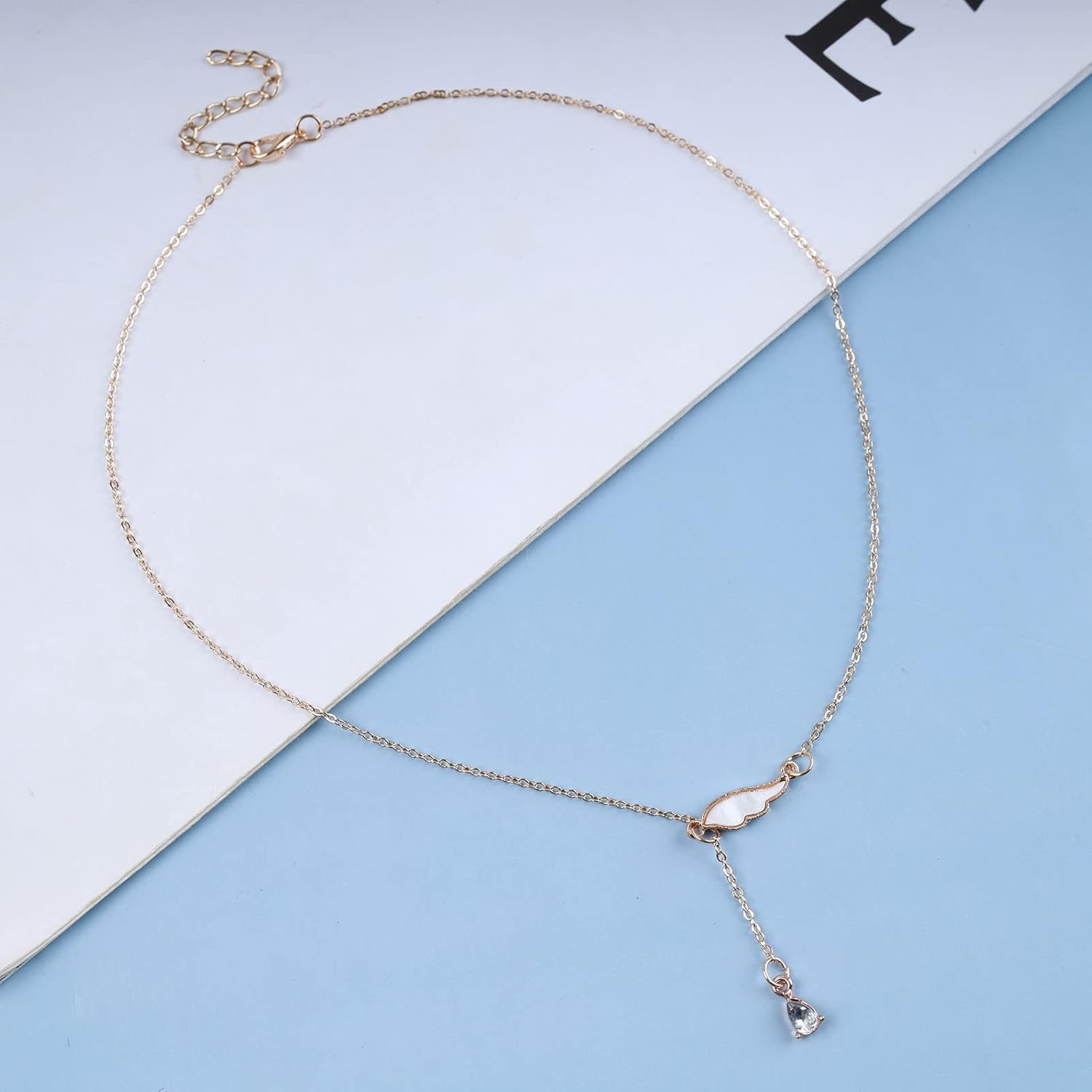 Andelaisi Boho Crystal Y Lariat Necklace Gold Wing Y Necklace Vintage Rhinestone Y Drop Necklace Chain Long Crystal Wing Choker Necklace Jewelry for Women - Image 3