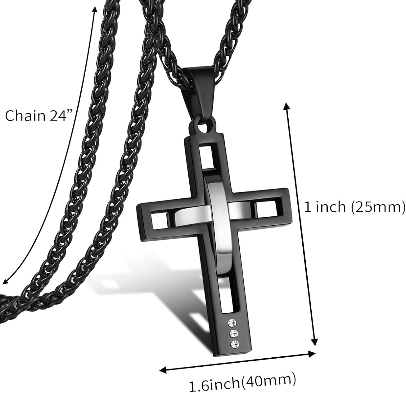 Black Cross Pendant Necklace for Men Boys, Stainless Steel Cool 2 Tone Christian Cross Chain | 