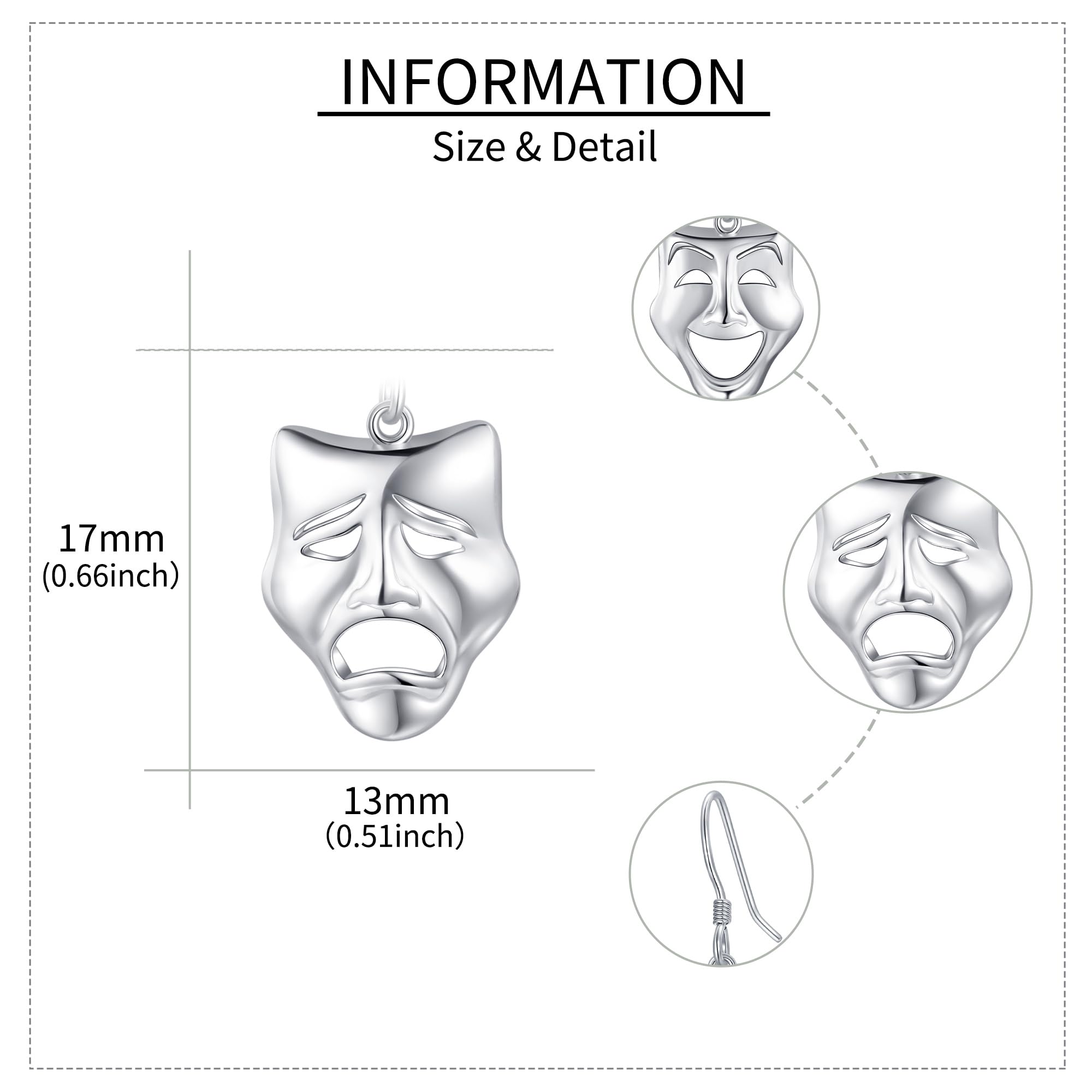 ONEFINITY Traggödie - Orecchini a forma di commedia, in argento Sterling 925, per donne, Argento sterling