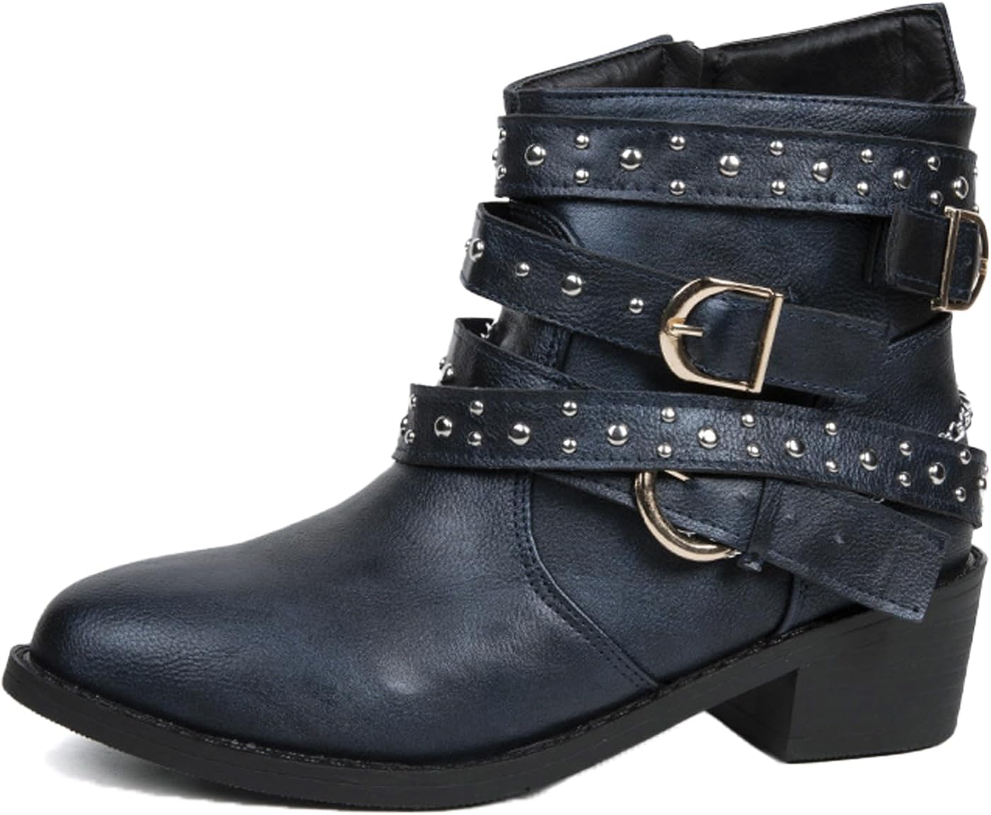 DirraBra Women's Goth Leather Block Heel Ankle Boots Fashion Studded Ankle Strap Trim Punk Boots Winter Side Zipper Motorcycle Short Booties