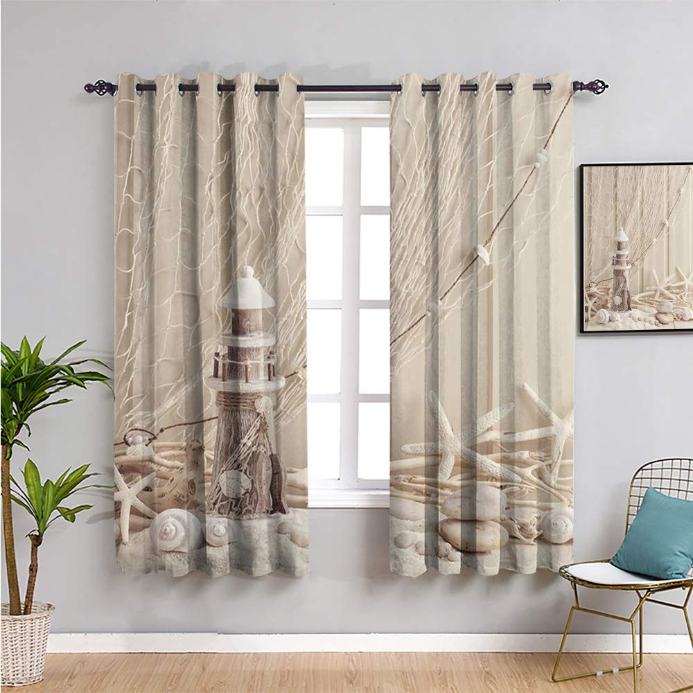Beige Wooden Lighthouse Nautical Funny Curtain, Curtains 84 inch Length Marine Fishing net sea Stars and Shells Picture Protective Furniture Ecru Ivory Beige W108 x L84 Inch