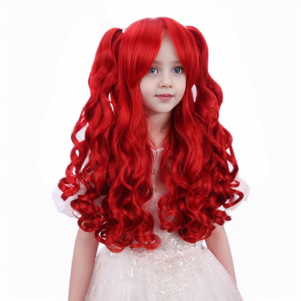 Red Wig for Kids Long Wavy Red Wigs with Ponytails Long Curly Burgundy Wigs for Kids Child Girls Synthetic Daily Party Halloween Wig with Hairpieces