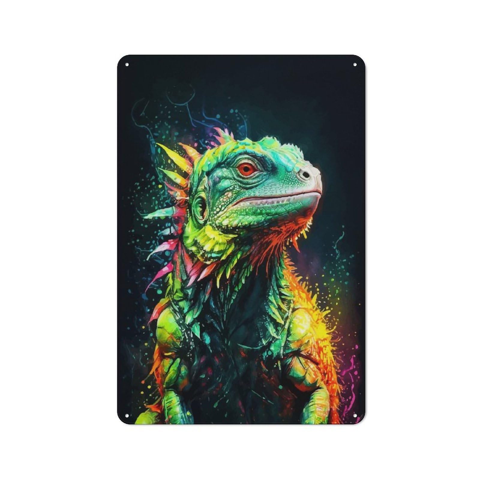 Colorful Iguana Portrait Neon Decorative Metal Plaque 30x20cm, Garage Style Shed Wall Plaque for Workshop, Basement, Shed Or Games Room