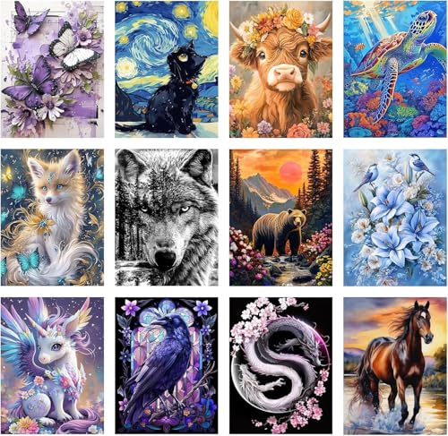 Kit d'art diamant 5D complet avec 12 toiles d'animaux pour débutants