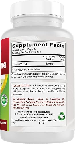 Miniatura 6 de Best Naturals L-arginina 500 mg 250 cápsulas - Suplemento de arginina L de grado farmacéutico promueve la síntesis de óxido nítrico