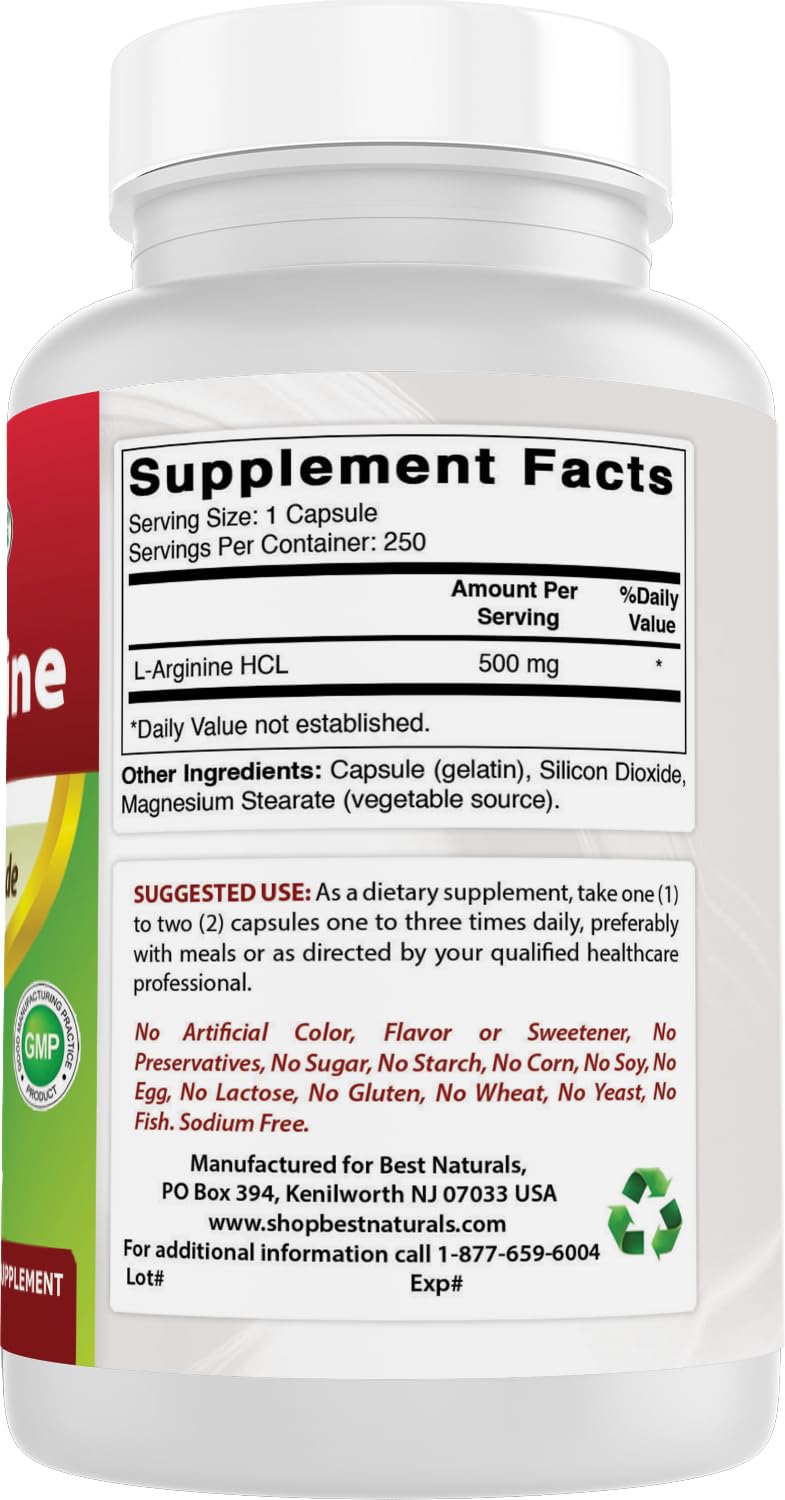 Best Naturals L-Arginine 500mg 250 Capsules - Pharmaceutical Grade L Arginine supplement promotes nitric oxide synthesis — Amazon image 6