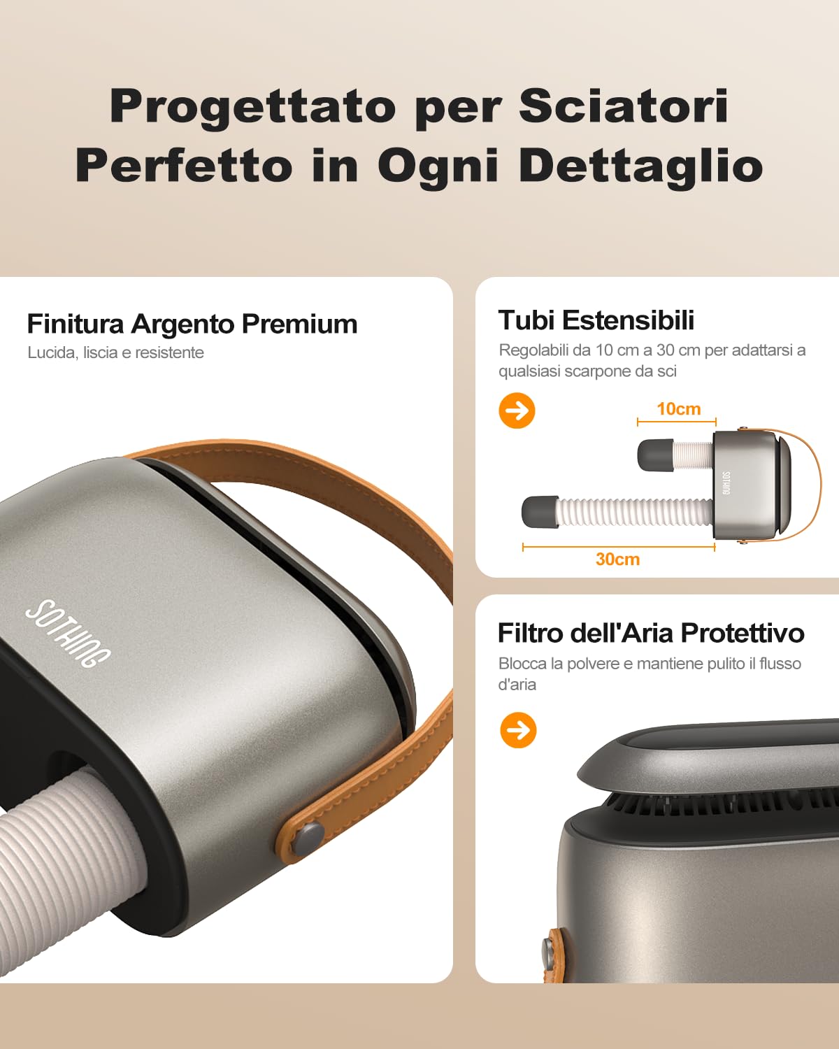 SOTHING Asciuga Scarpe Elettrico con Ozone e Display Digitale – Asciugascarpe a Doppio Flusso d’Aria, 3 Livelli di Calore, Timer 1–9 Ore, Tubi Telescopici 30 cm, Scalda Scarpe da Calcio e Sci