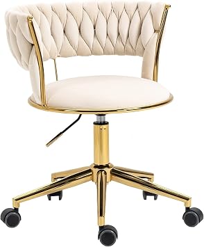 NIOIIKIT Velvet Office Desk Chair with Hand Woven Backrest, 360 Swivel & Height Adjustable Task Chairs, Makeup Chair, Living Room Chairs with Stainless Base and 5 Wheels Ivory