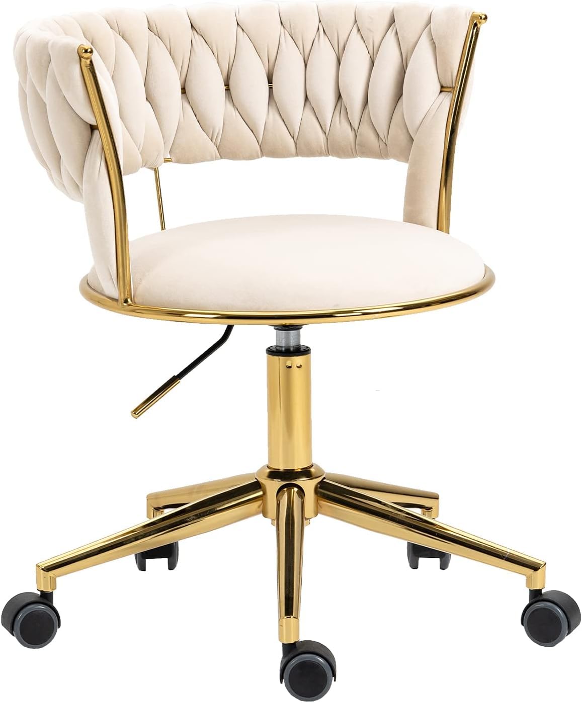 NIOIIKIT Velvet Office Desk Chair with Hand Woven Backrest, 360° Swivel & Height Adjustable Task Chairs, Makeup Chair, Living Room Chairs with Stainless Base and 5 Wheels (Ivory)