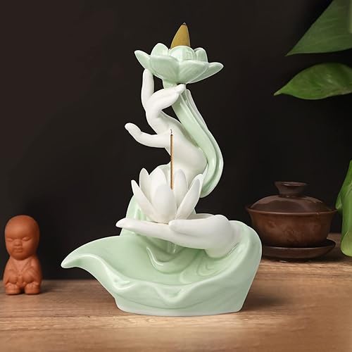 Miniatura 2 de DISCHAOS Soporte de incienso de reflujo cultura budista, quemador de incienso en cascada, mano de Buda y patrón de loto, adorno de aromaterapia,