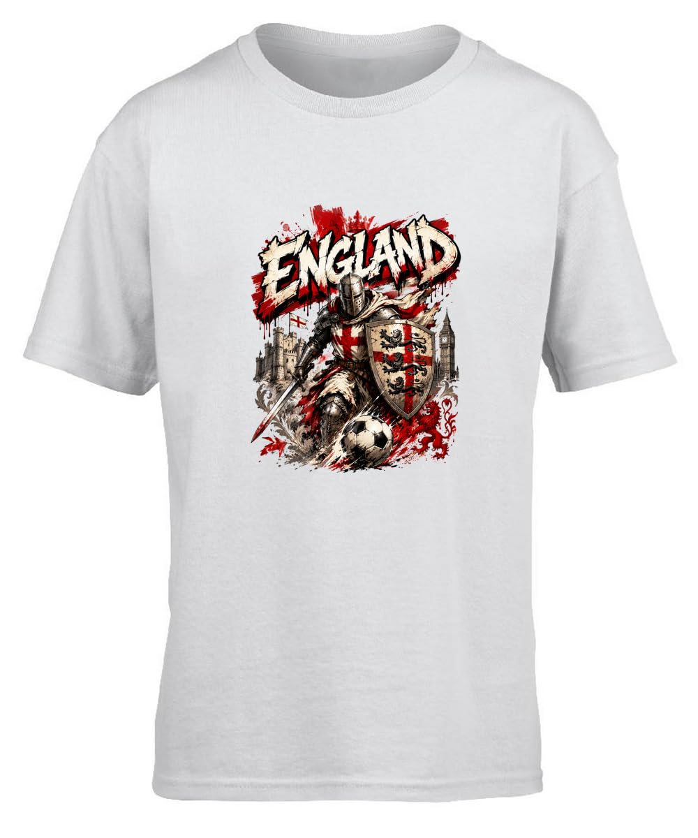 Hippowarehouse England Football Fan Three Lions English Medieval Knight International Tournament Kids Children's Short Sleeve t-Shirt 12-13 Years White