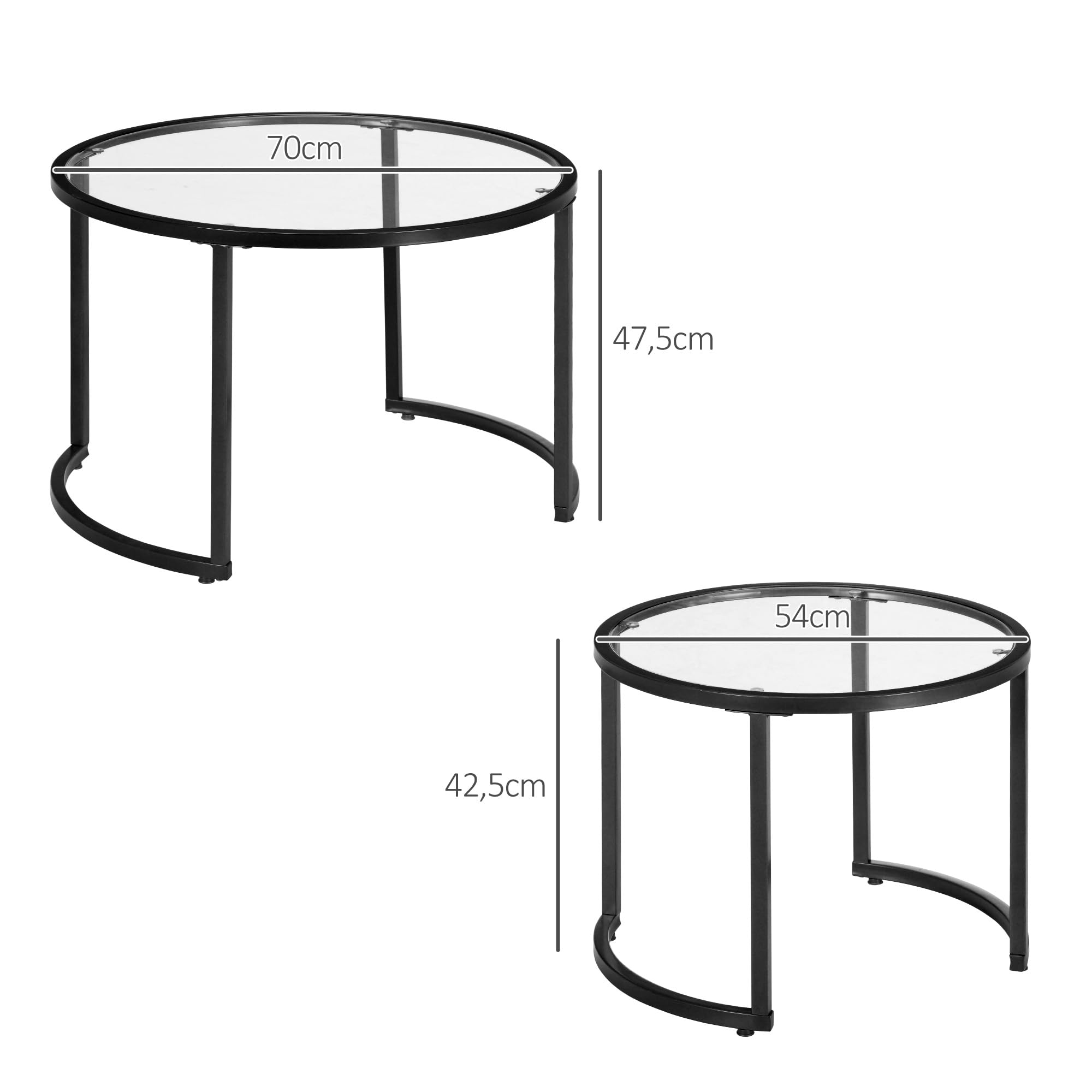 HOMCOM Lot de 2 Tables Basses gigognes Rondes 70/54 cm Plateau Verre trempé et Pied en Acier au Carbone Design Moderne Noir