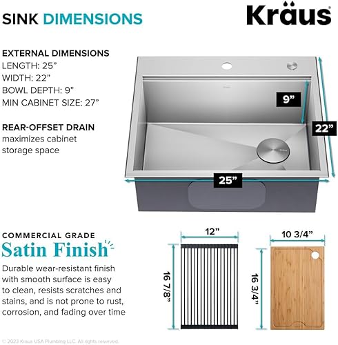 Miniatura 5 de KRAUS KWT311-25 Kore - Fregadero de cocina con estación de trabajo de 25 pulgadas, empotrado, acero inoxidable de calibre 16, con reborde integrado