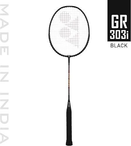 Yonex Raqueta de bádminton GR 303i  con cubierta completa  Color negro  Tamaño estándar  Material aluminio  para principiantes  Forma isométrica