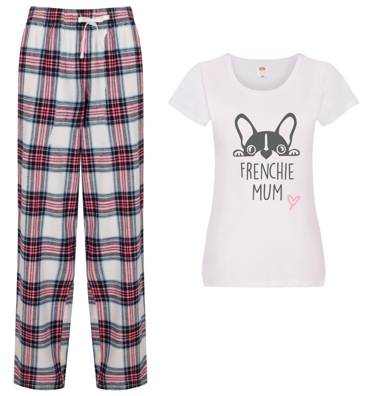 Frenchie Mum Pyjama Set - French Bulldog Tartan Pajamas - Pink - Womens - Size S