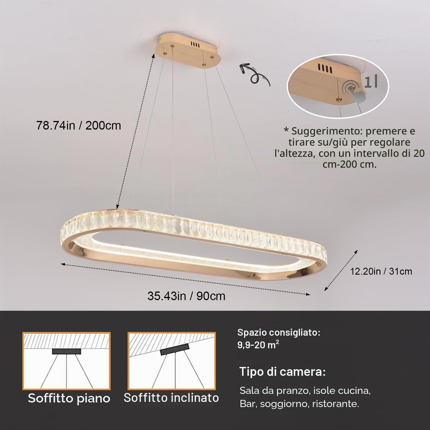 Lampadario Moderno a Sospensione ovale a LED Color oro con Illuminazione Lineare a LED per Sala da Pranzo, Lampadario Dimmerabile per Isola Cucina con Telecomando per Soggiorno e Ufficio