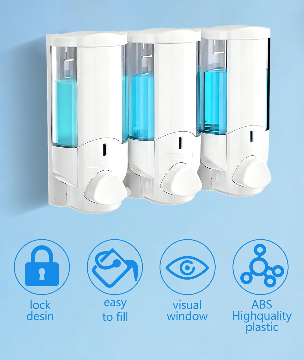 No-Tool 3-Bathroom Soap Dispenser Set - Adhesive Wall Mount Soap & Shampoo Organizer with Leakproof Pumps - Space Saving Bathroom Storage (16oz) (White)