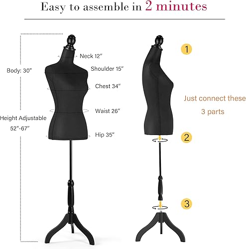 Miniatura 5 de Dress Form Mannequin Torso, Female Sewing Bust Manikin Body, Pinnable Dressmaker Form with Stand for Display, Clothing Design, Black