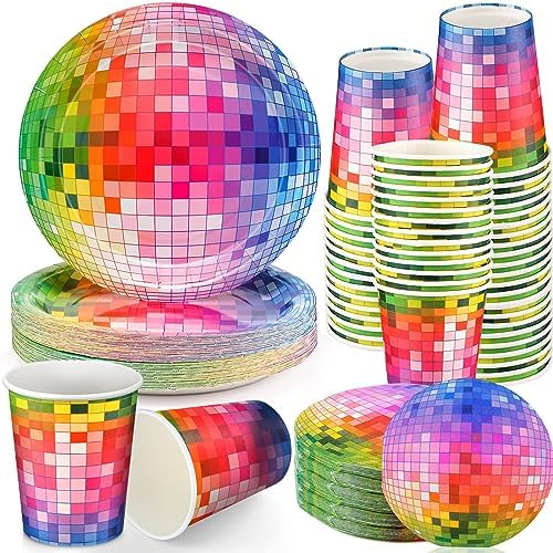 70s Disco Party Supplies Includes 50 Pcs Silver Disco Ball Paper Dinner Plates 50 Pcs Disco Paper Cups 50 Pcs Disco Party Cocktail Napkins for Disco Wedding Party Picnic Travel (Colorful)