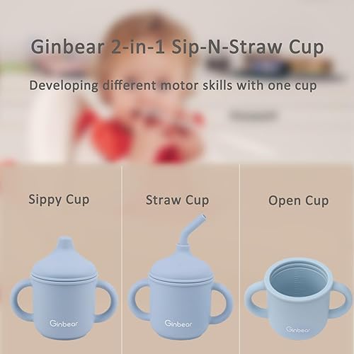 Miniatura 7 de Ginbear Vaso de transición 2 en 1 para bebé, a prueba de derrames, con pajilla, taza de silicona para bebé con asas, tazas pequeñas de entrenamiento