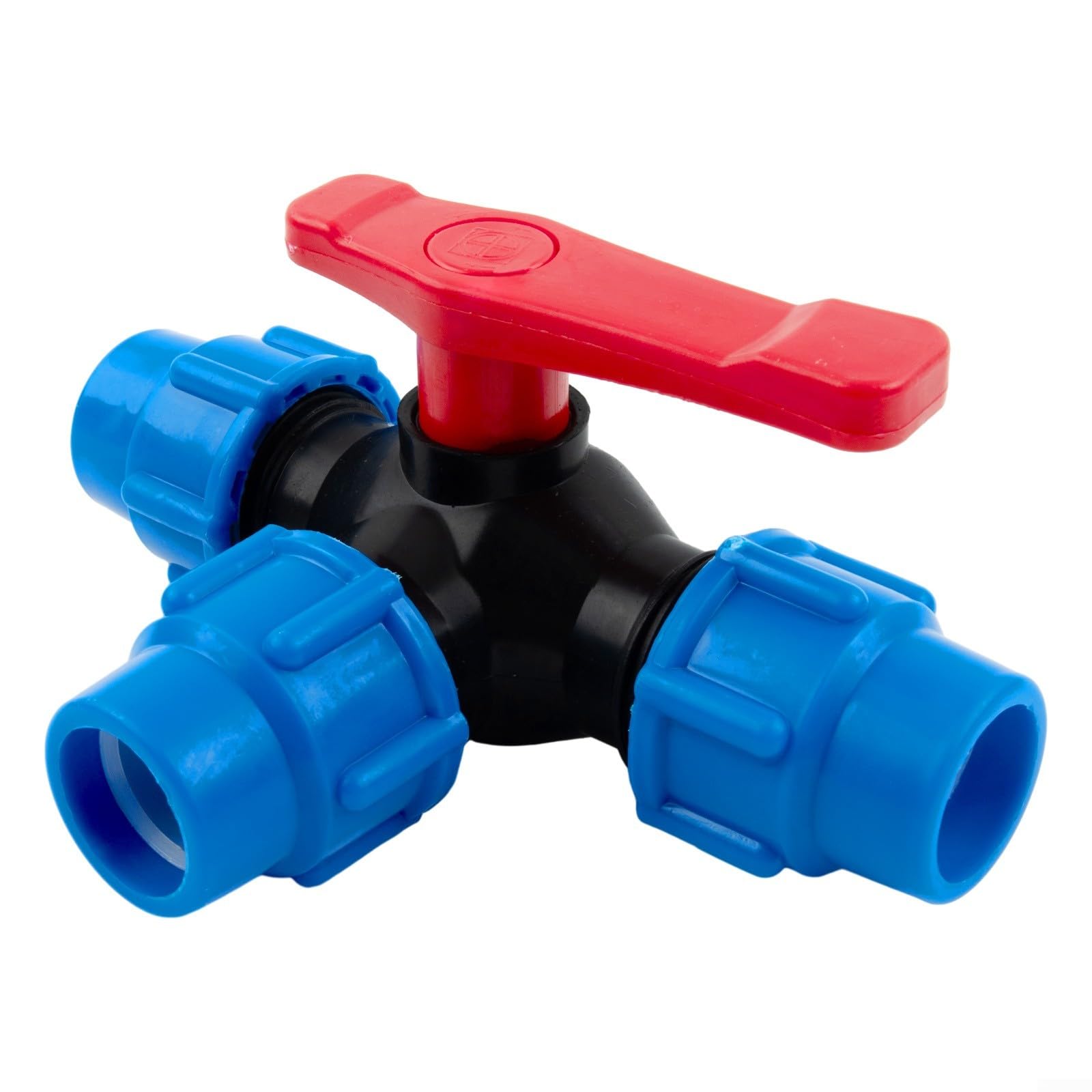 Vanne à bille en plastique PE à 3 voies pour contrôle de l'eau des tuyaux en polyéthylène avec compatibilité OD de 20 mm, 25 mm, 32 mm, 40 mm, 50 mm et taille DN15 DN20 DN25 DN32 DN40 (25 mm)
