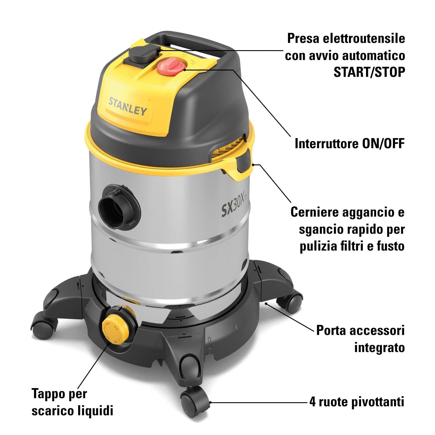 STANLEY Aspiratore Solidi e Liquidi SXVC30XTDE 1600 W 30 l
