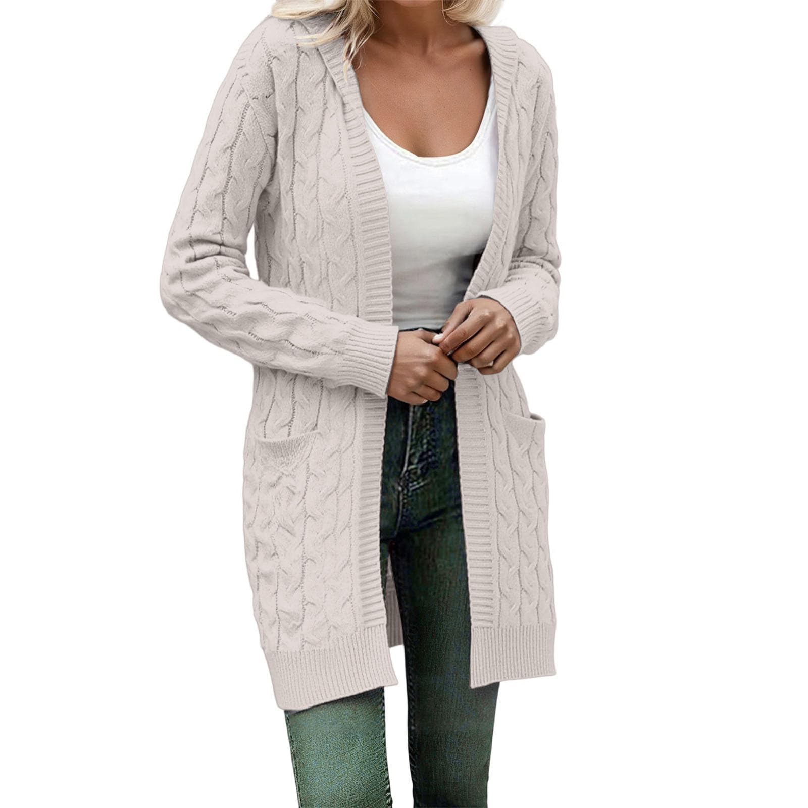 Strickjacke Damen Grobstrick Strickjacke vorne offen langärmelig mit Taschen warm vielseitiger Cardigan Strickpullover Übergangsjacke für Winter und Herbst