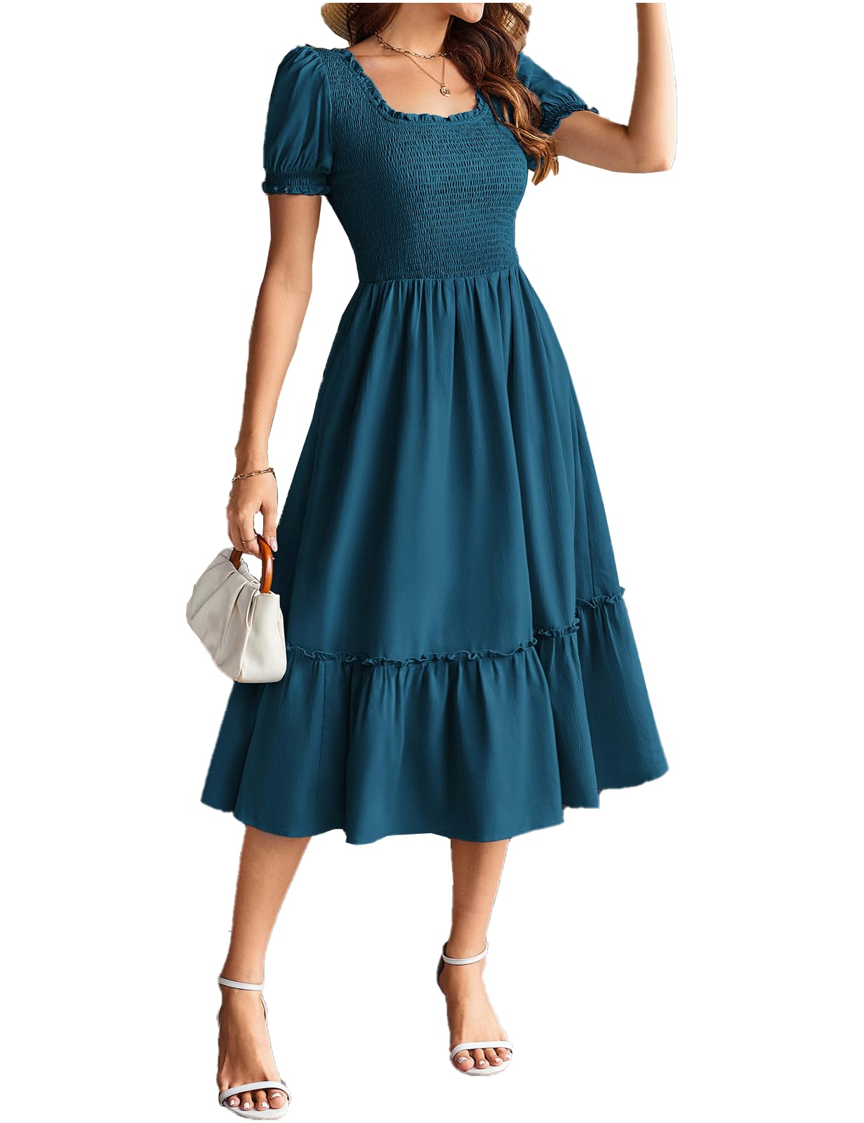 GRACE KARIN Robe d'été smockée pour femme - Robe de plage trapèze - Col carré - Extensible - Pour le quotidien et les vacances
