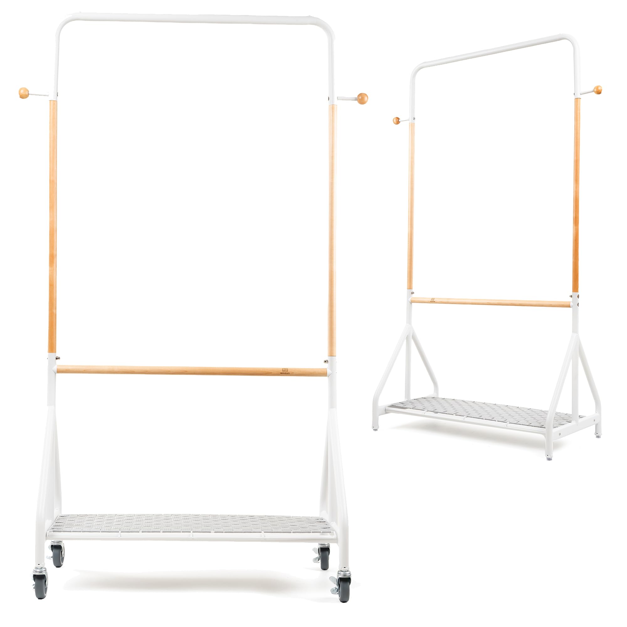 ASKA Premium Kleiderständer auf Rollen Stabil Schwerlast bis 120 kg Clothing Rack Garderobenständer Holz Metall Kleiderstange mit Schuhablage Rollbarer Kleiderständer Weiß Birkenholz