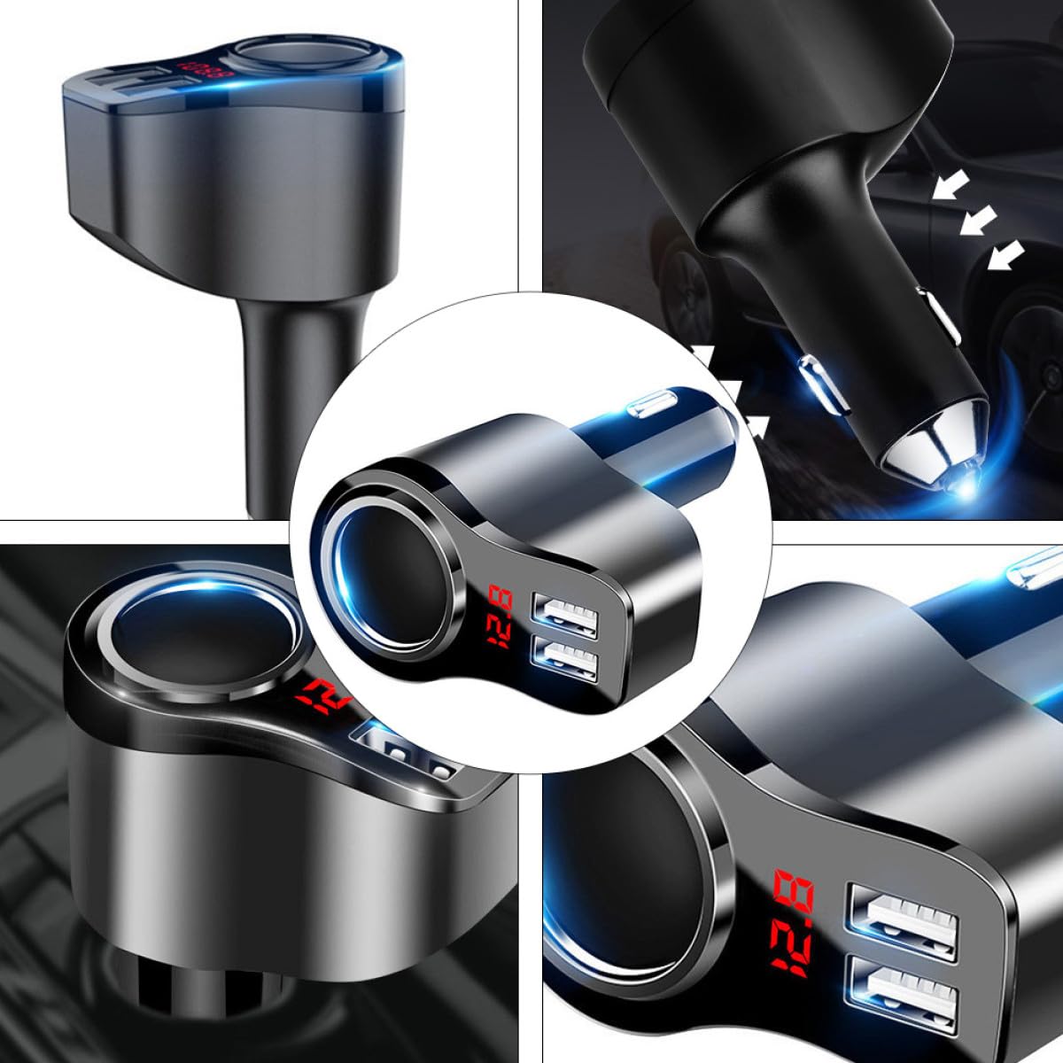 Angoily Caricabatterie Rapido per Auto Doppie Porte USB Dispositivo di Ricarica Intelligente Display LED Digitale Facile da Leggere Costruzione in Metallo Resistente all Usura