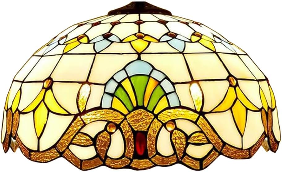 Large Tiffany Lamp Shade Replacement Only Baroque Style Stained Glass Lampshades, W16H9 Inch Glass Light Cover for Table Lamps Pendant Lamps Floor Lights,Beige