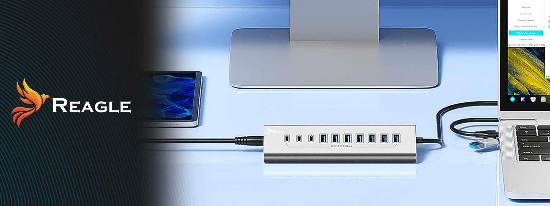REAGLE Concentrador de 10 puertos, USB 3.2 con cable de 100 cm para escritorio, 10 en 1, 7 puertos USB-A y 3 x USB-C, 36 W, Plug and Play, aluminio USB distribuidor 5 Gbps, para PC, portátil, MacBook